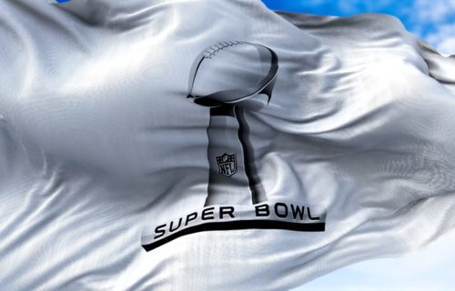 NFL Super Bowl flag with Lombardi Trophy on it