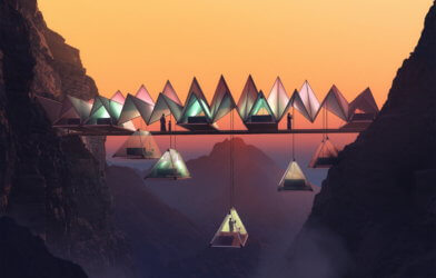 Tents suspended in air between UAE mountains at Floating Retreat