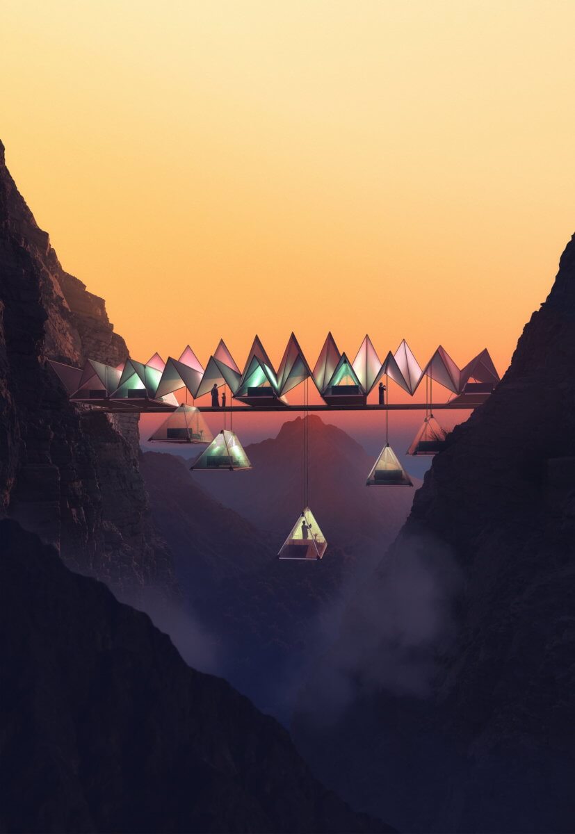 Tents suspended in air between UAE mountains at Floating Retreat