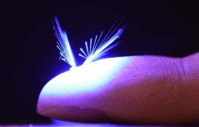 A fairy-like robot sits on a person's fingertip