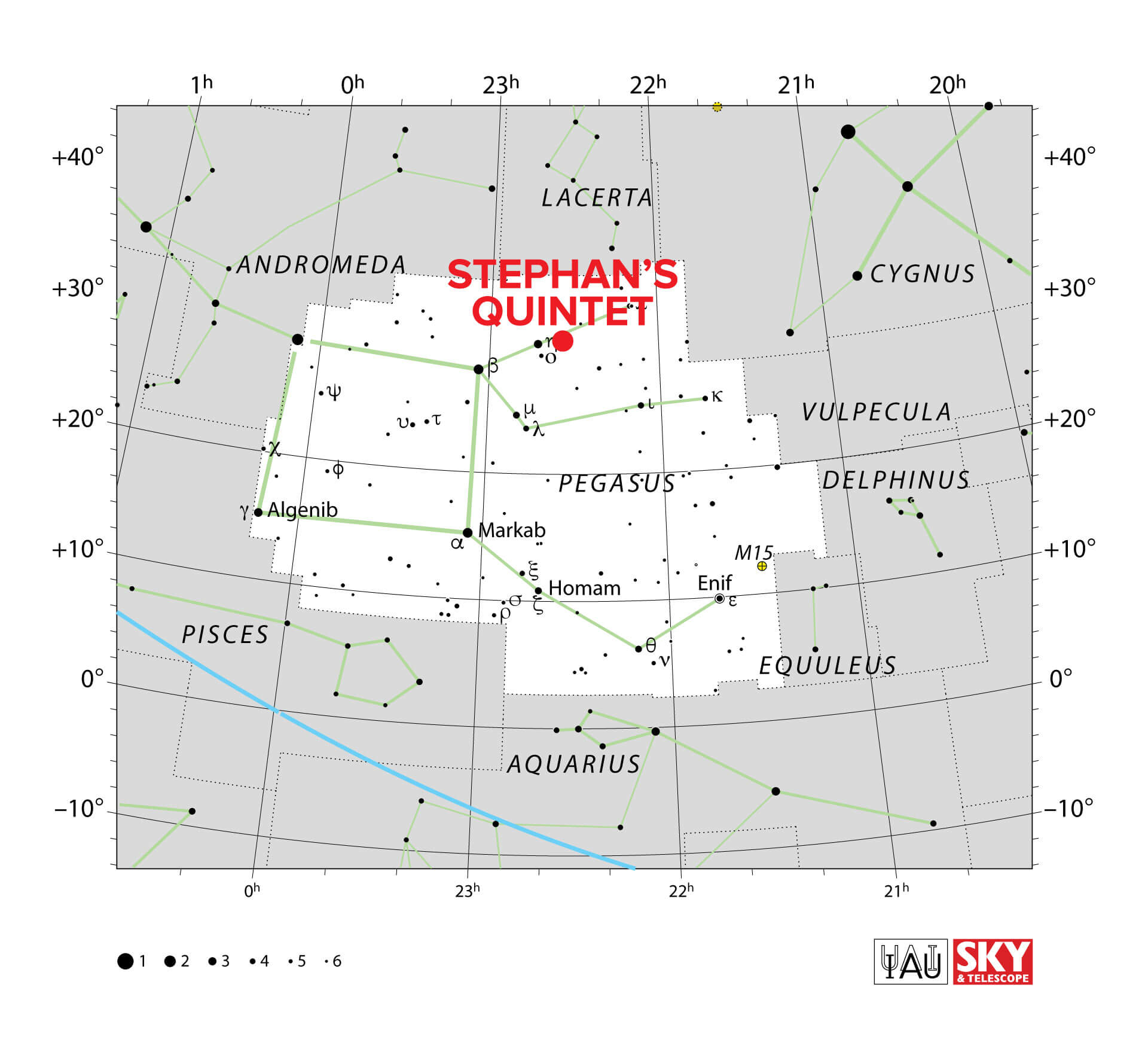 A starchart showing the location of Stephan’s Quintet in space
