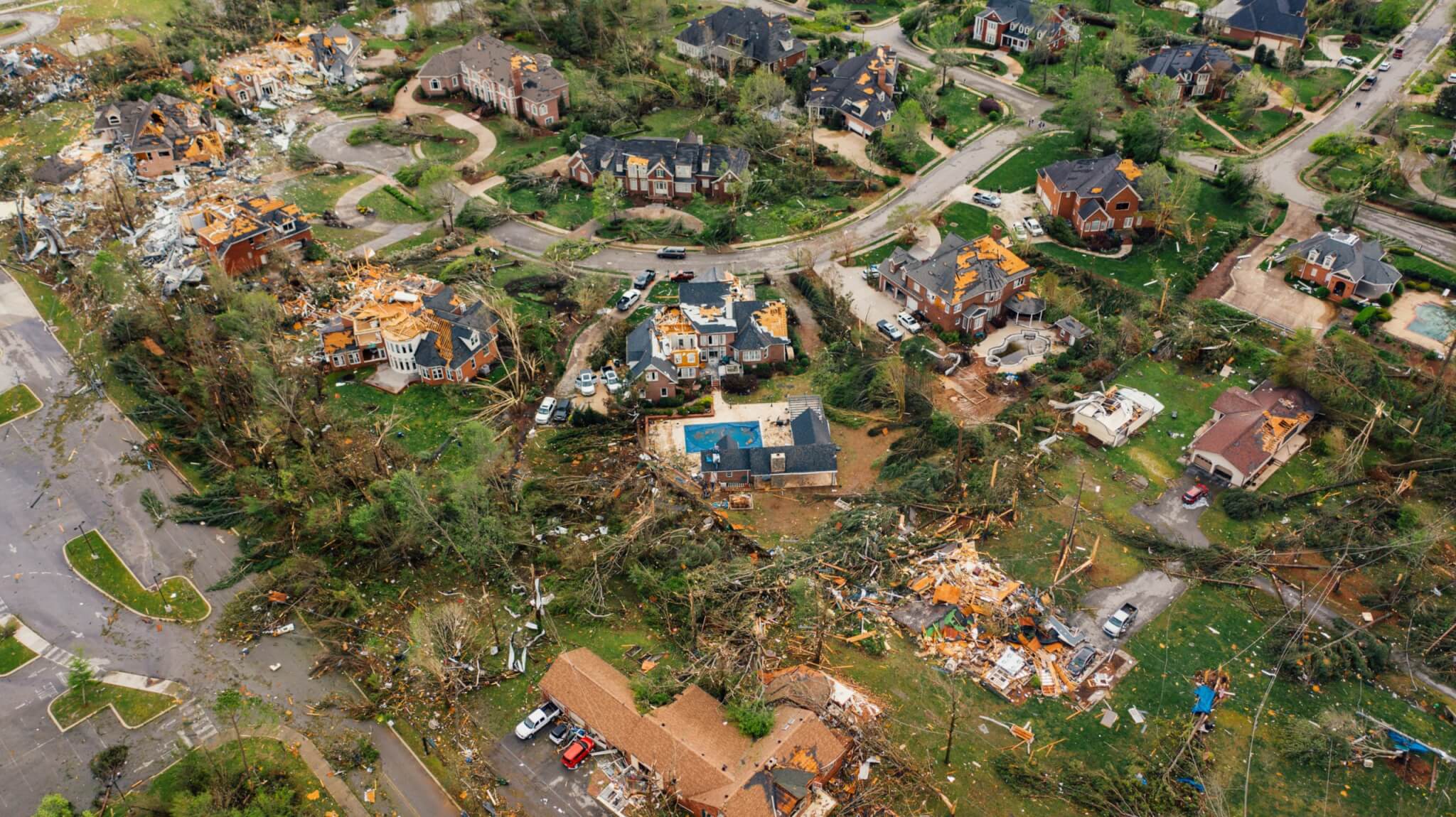 Homes damaged and destroyed by a hurricane.