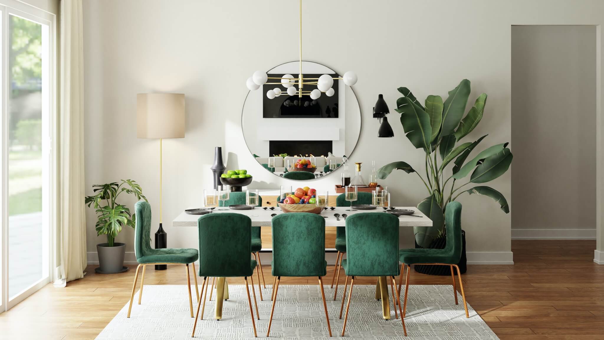 white dining table and green chairs