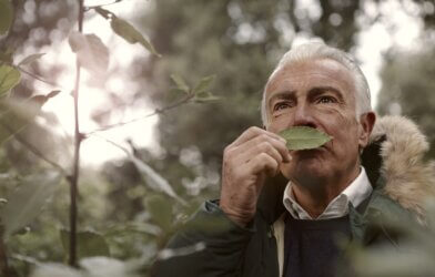 Adult Man Smelling a Leaf
