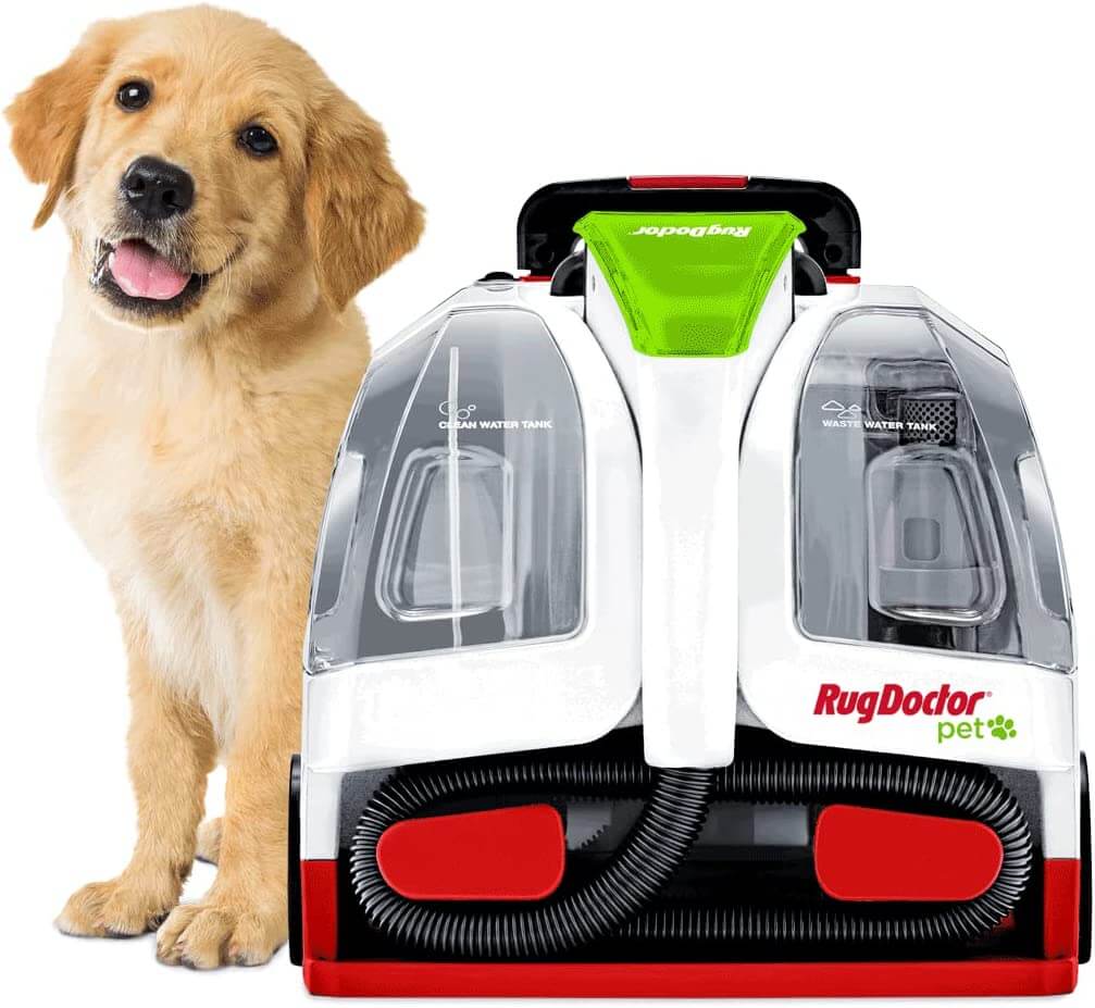 red green and white carpet cleaner next to dog