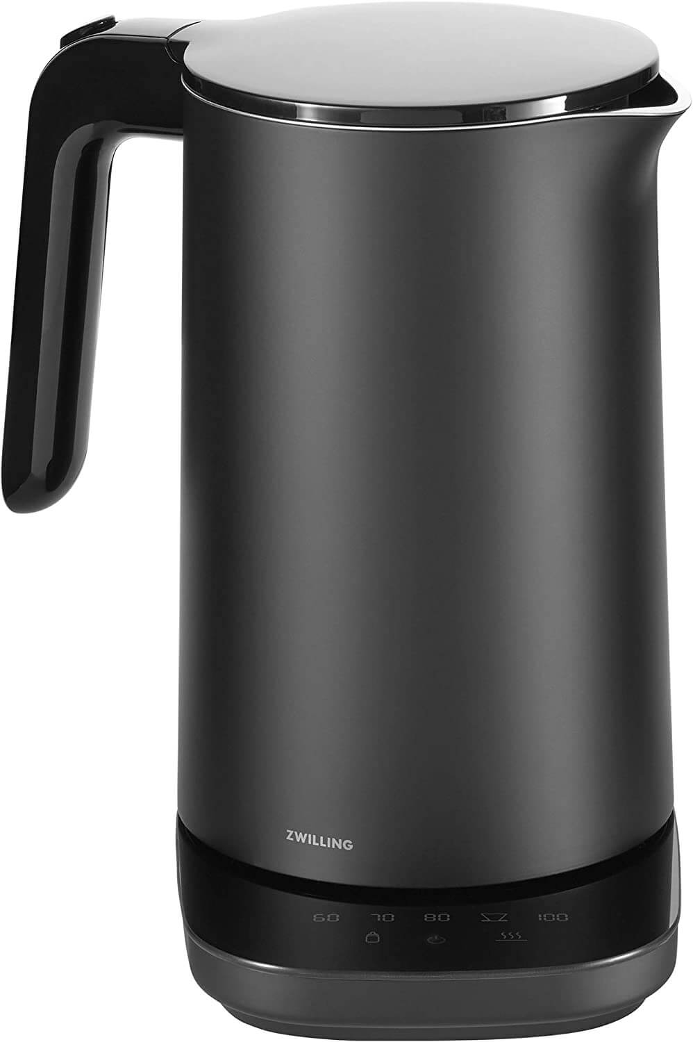blackl electric tea kettle with handle and white lid