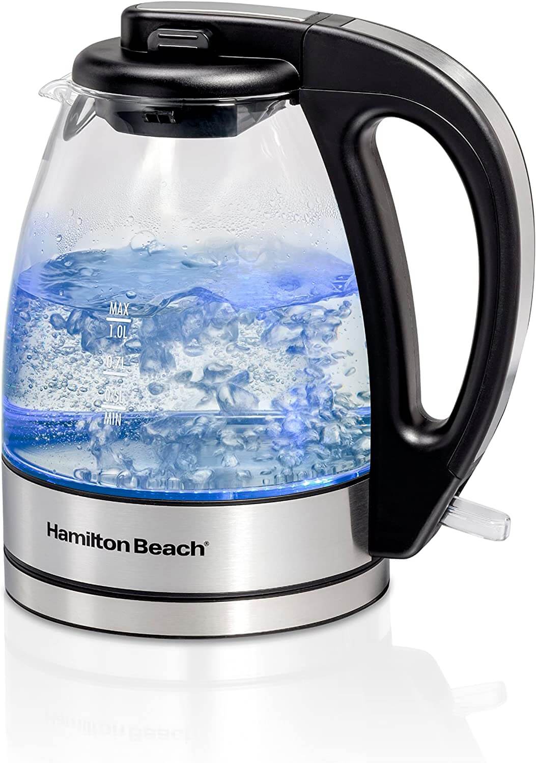clear glass electric tea kettle with handle and bubbling water inside