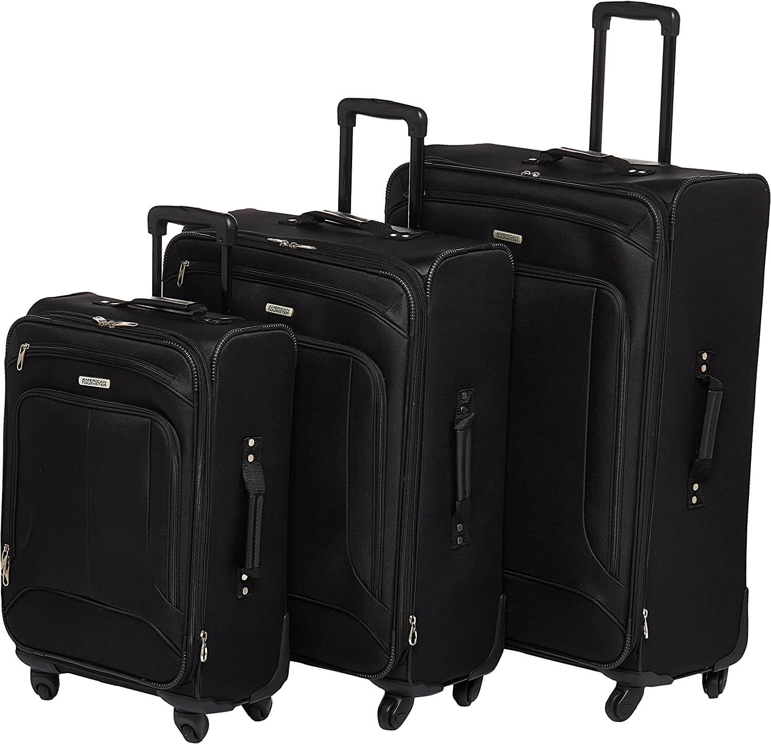 three black suitcases with wheels and handles
