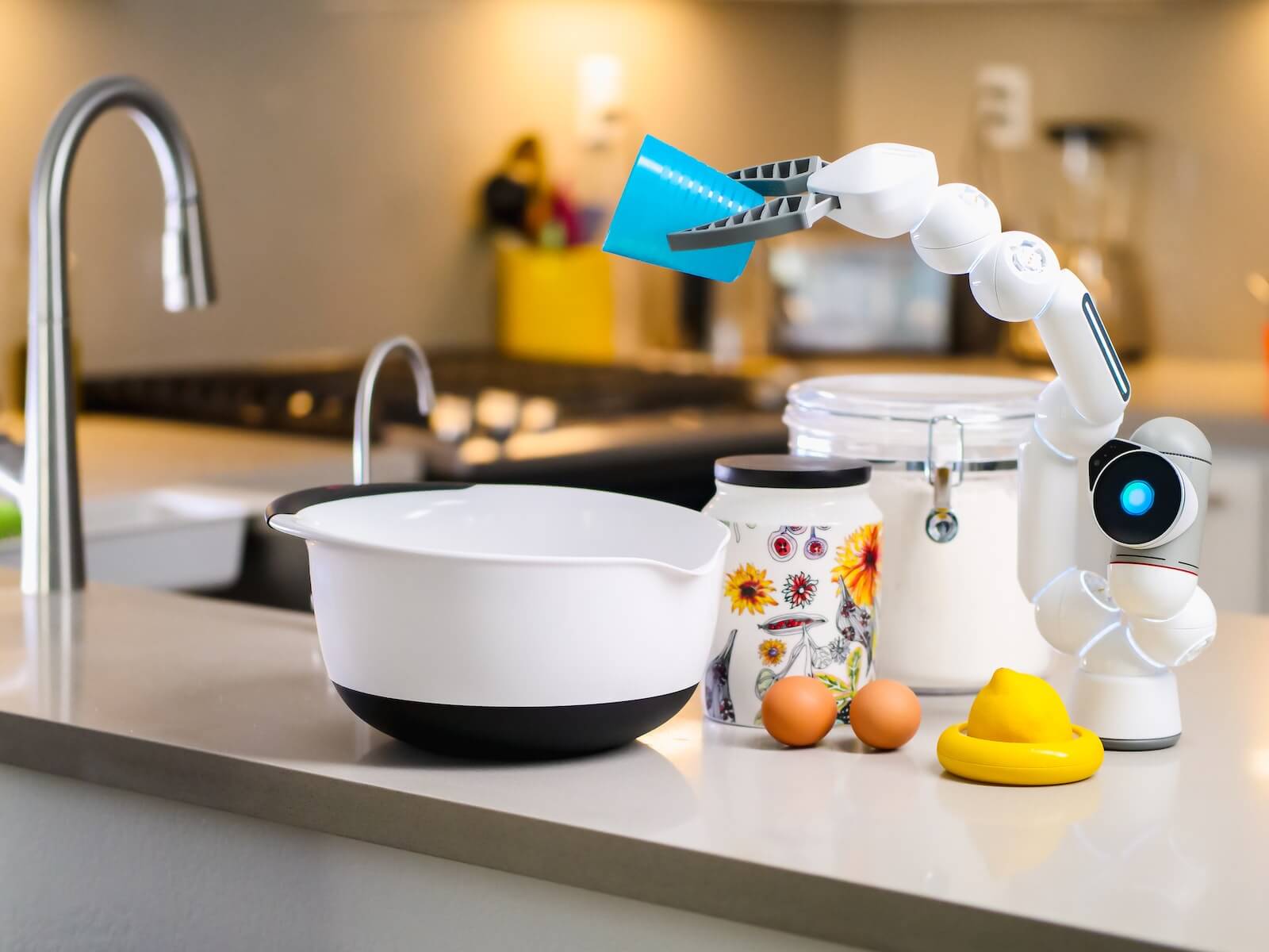 Robot Holding Plastic Cup in Kitchen