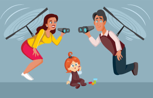 Overprotective helicopter parents hovering over child