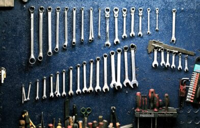 Set of tools hanging on a wall