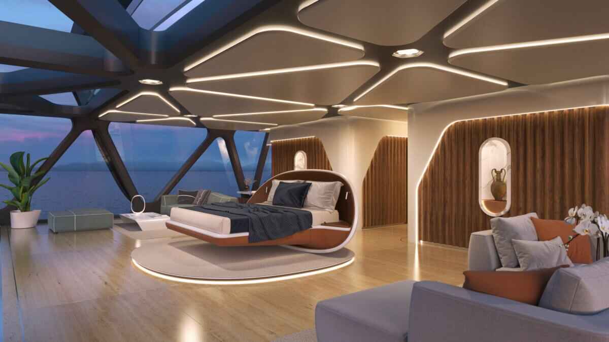 Bedroom in the near-invisible superyacht