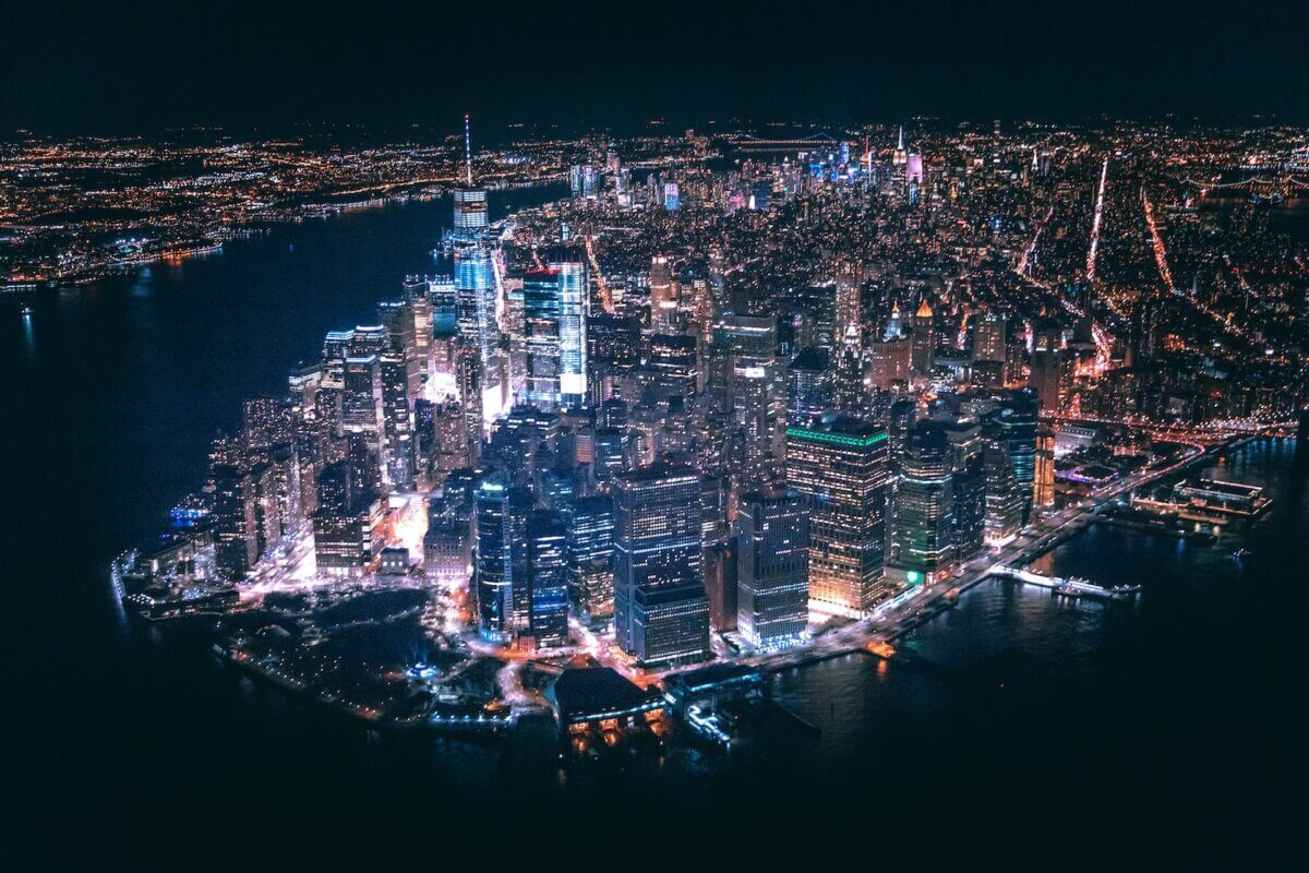 Aerial view of Manhattan buildings during nighttime