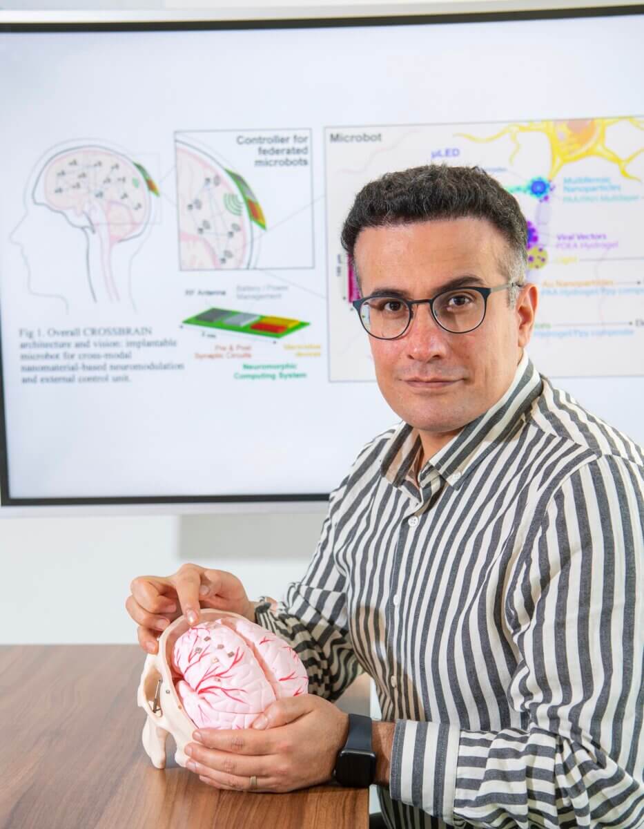 Scientist with micro robots sitting on a model of the human brain