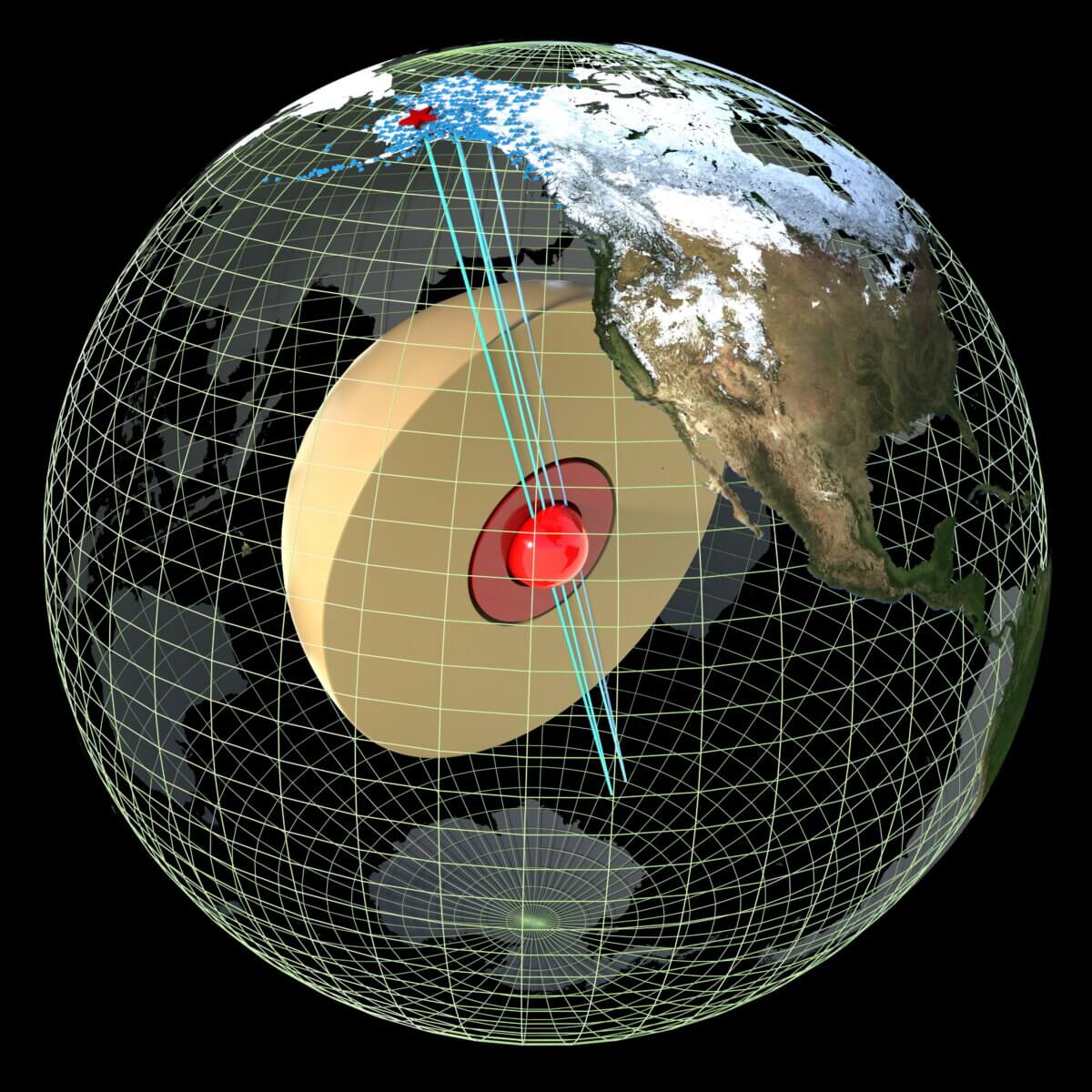 Lines in Earth's core showing seismic waves from an earthquake