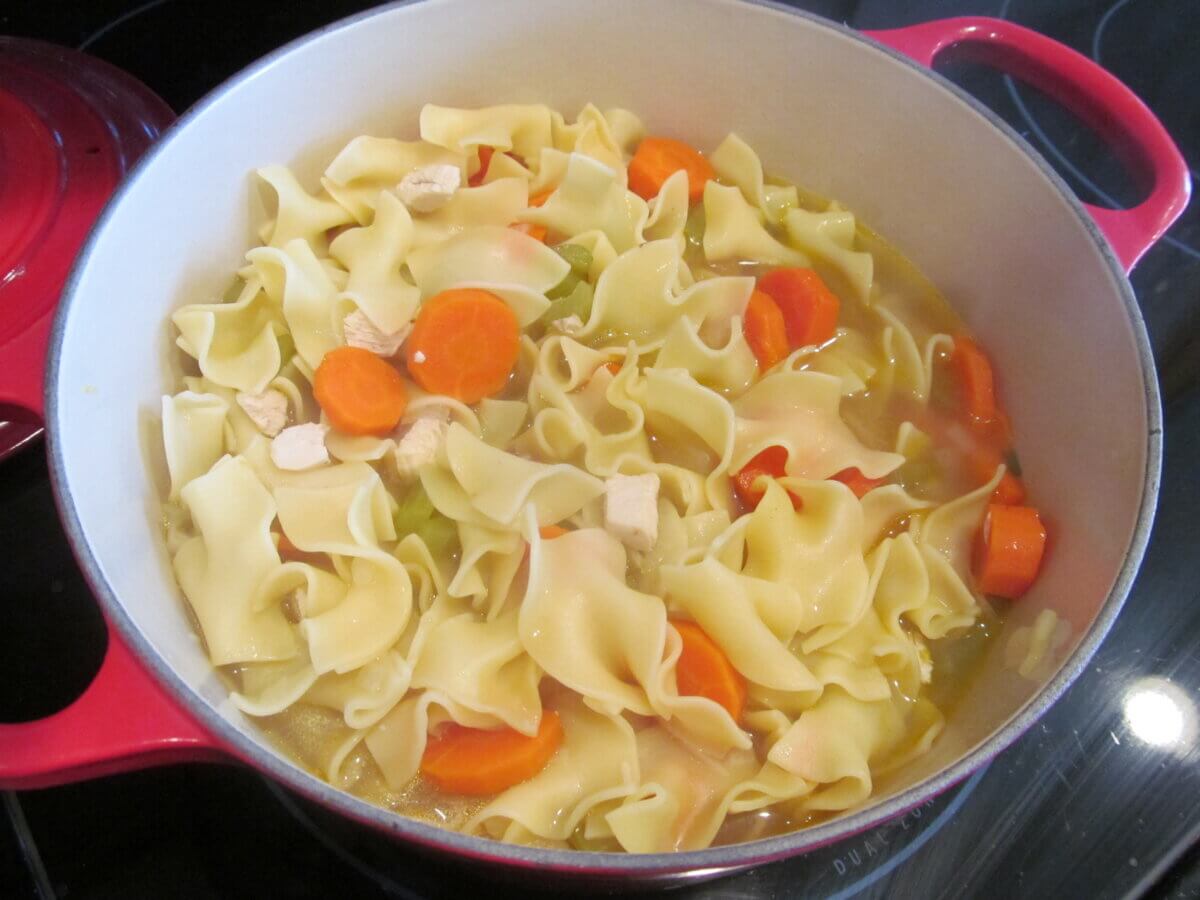 Chicken noodle soup in pan
