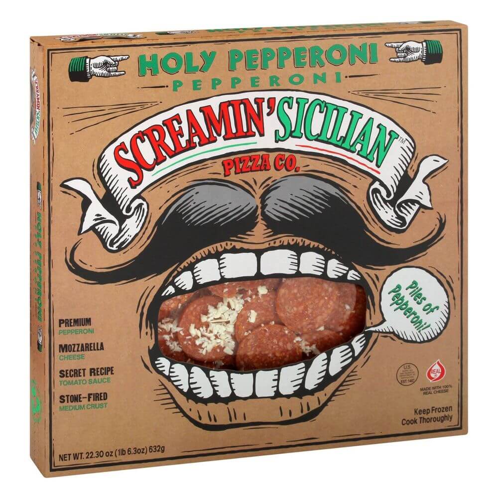 Screamin’ Sicilian Pizza Co. Holy Pepperoni frozen pizza box