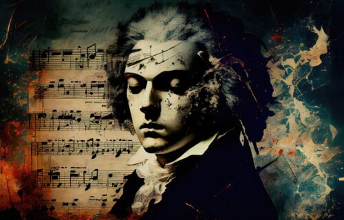 Illustration of Ludwig van Beethoven against music book