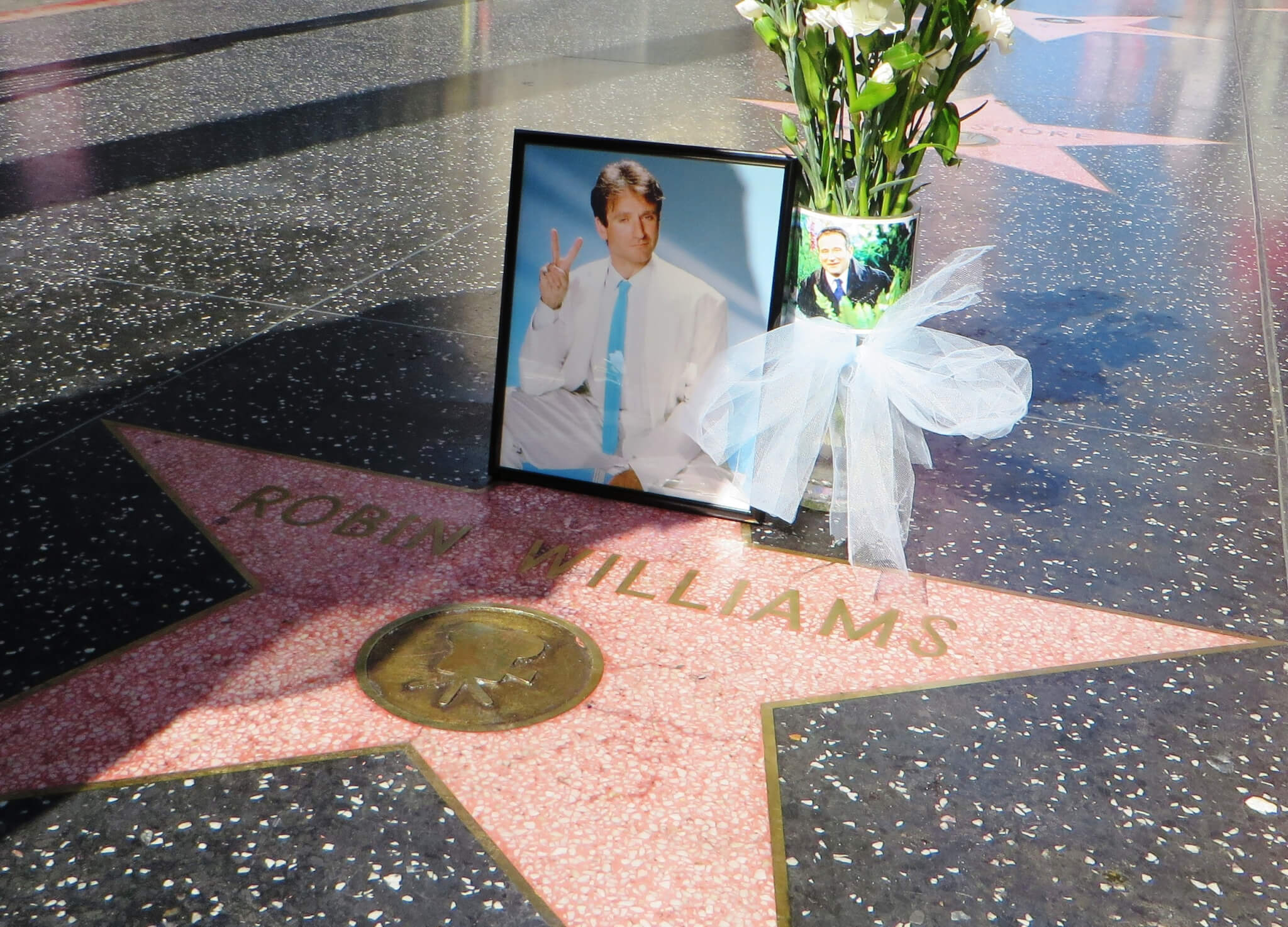 Fans leave behind flowers and photos at Robin Williams' Hollywood Star.