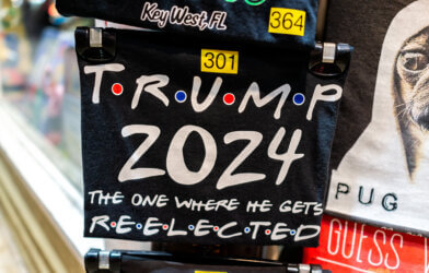 Florida souvenir gift store shop retail display of t-shirts with funny "Friends"-themed product for Donald J. Trump reelection bid in 2024.