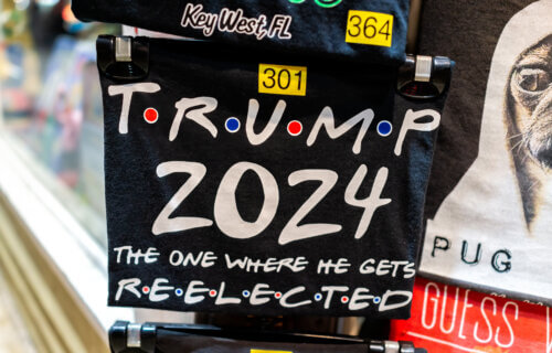 Florida souvenir gift store shop retail display of t-shirts with funny "Friends"-themed product for Donald J. Trump reelection bid in 2024.
