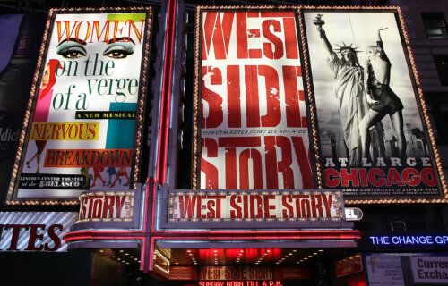 Theater at Times Square at 7th Avenue showing advertisement billboards for Broadway musicals, including West Side Story, in Manhattan