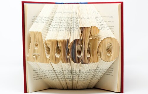 Audio book art on book pages