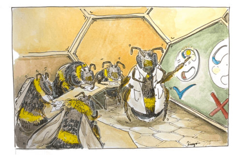 cartoon of bees learning