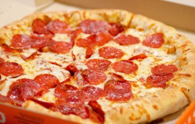 Baked pepperoni pizza with thick crust
