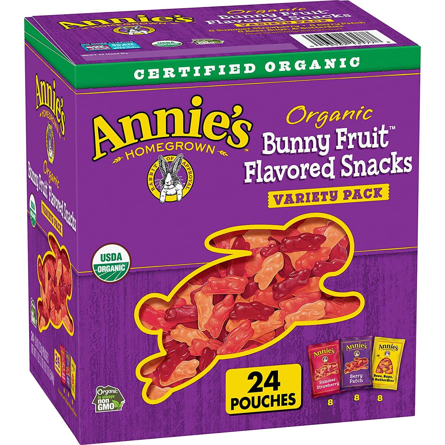 purple box with bunny shape filled with image of bunny shaped fruit snacks