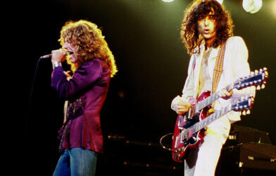 Jimmy Page (right) on stage with Robert Plant (left)
