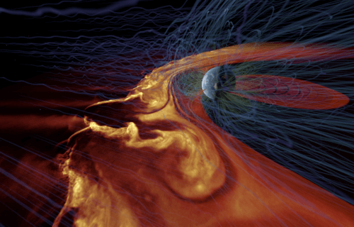 Illustration of solar wind interacting with Earth’s magnetic field