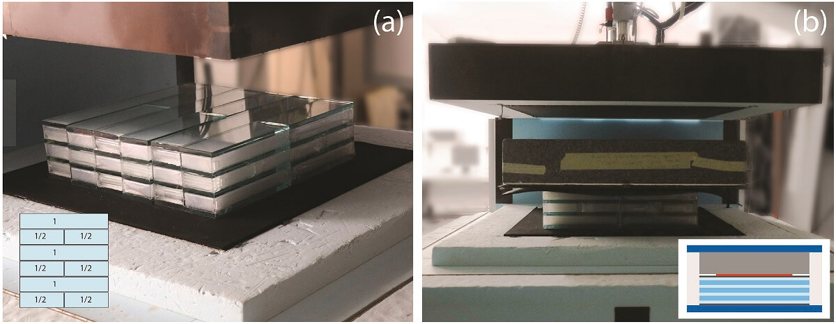 Two images of a machine working on the creation of glass brick