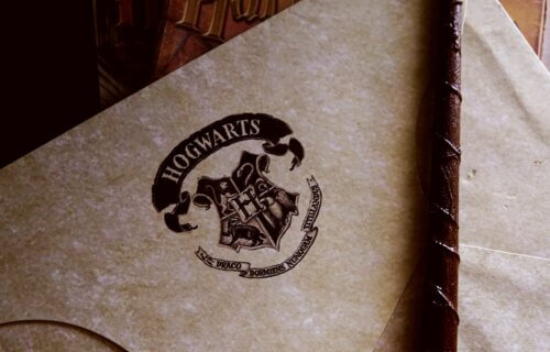 Hogwarts logo and wand