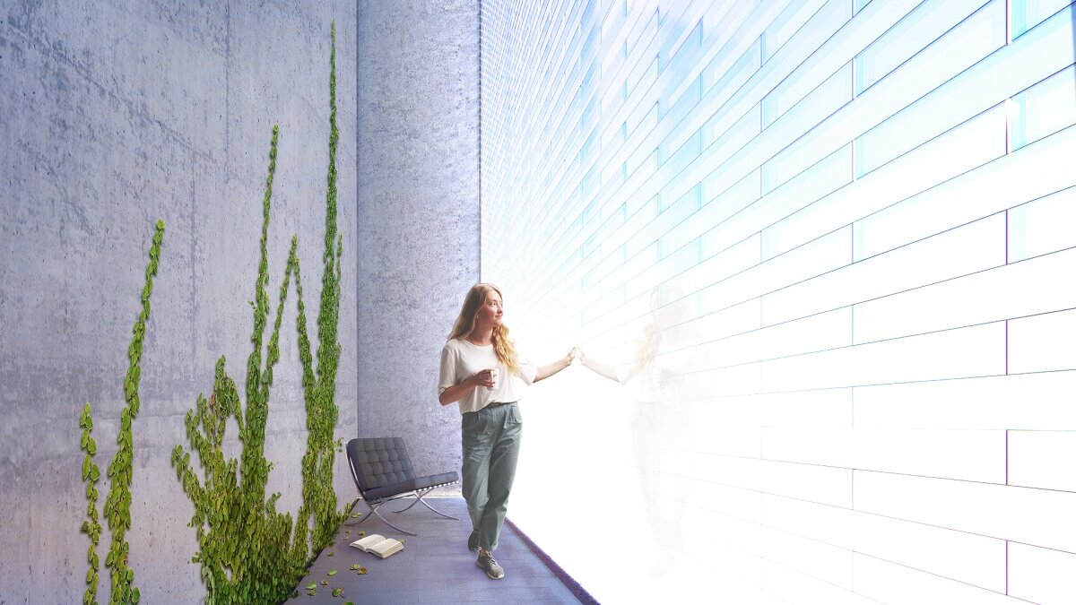 rendering of woman standing near a wall of floor to ceiling glass brick
