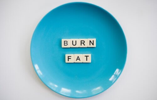 A blue plate with the words "burn fat" spelled on it