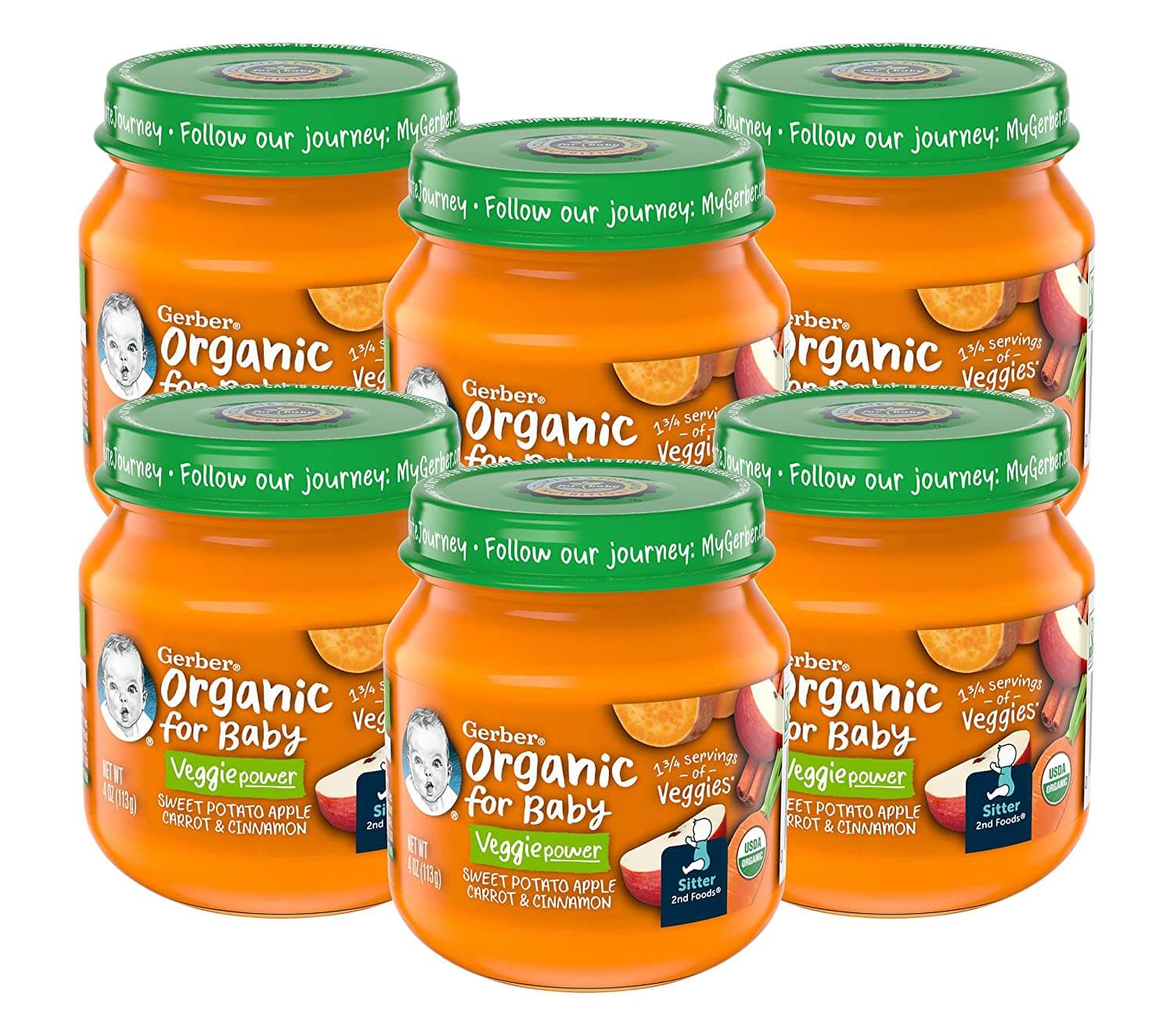 Gerber Organic for Baby 2nd Foods Veggie Power Baby Food Jar, Sweet Potato Apple Carrot & Cinnamon, Non-GMO & USDA Organic Pureed Baby Food, 4 OZ Glass Jar (Pack of 6)