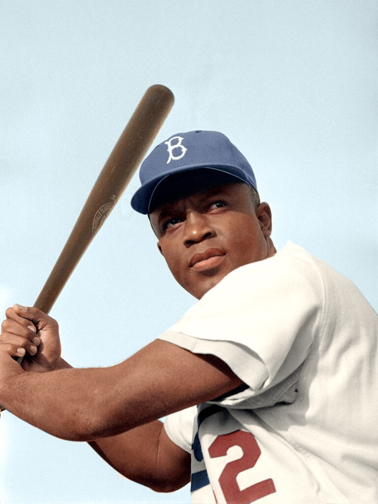 image of Jackie Robinson in his batting stance and Dodger uniform