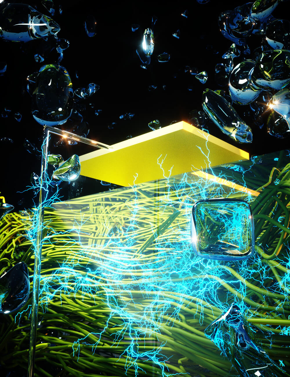 dark image of a floating yellow platform and blue strings of electricity beneath it