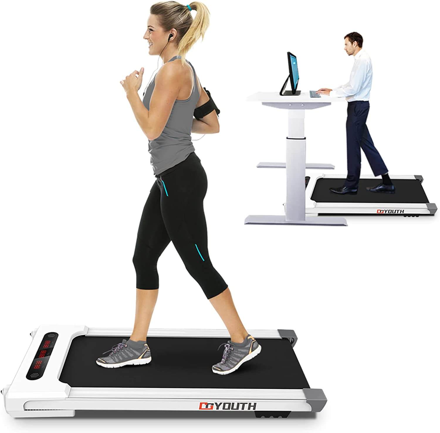 woman jugging on treadmill in athletic clothes in front of man in professional clothes walking on treadmill