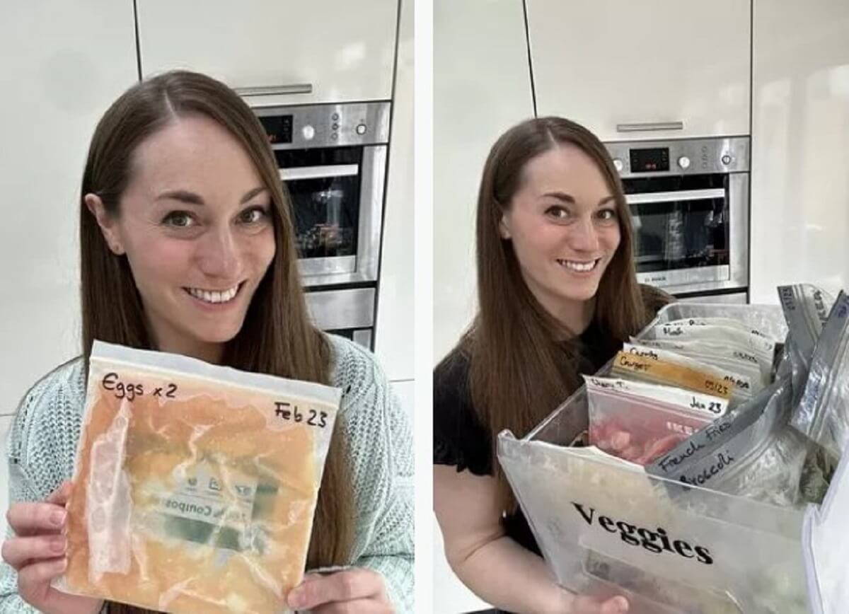 Two side by side pictures of Kate Hall. One of her holding eggs a in freezer bag. Another of her holding a bin of packaged veggies.