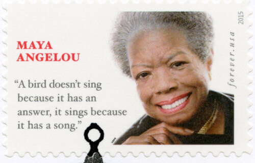 A stamp printed in USA shows Maya Angelou Marguerite Annie Johnson (1928-2014), American singer and civil rights activist, Forever, 2015