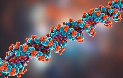 Molecular model of DNA. Double helix of DNA made of atoms. 3D illustration