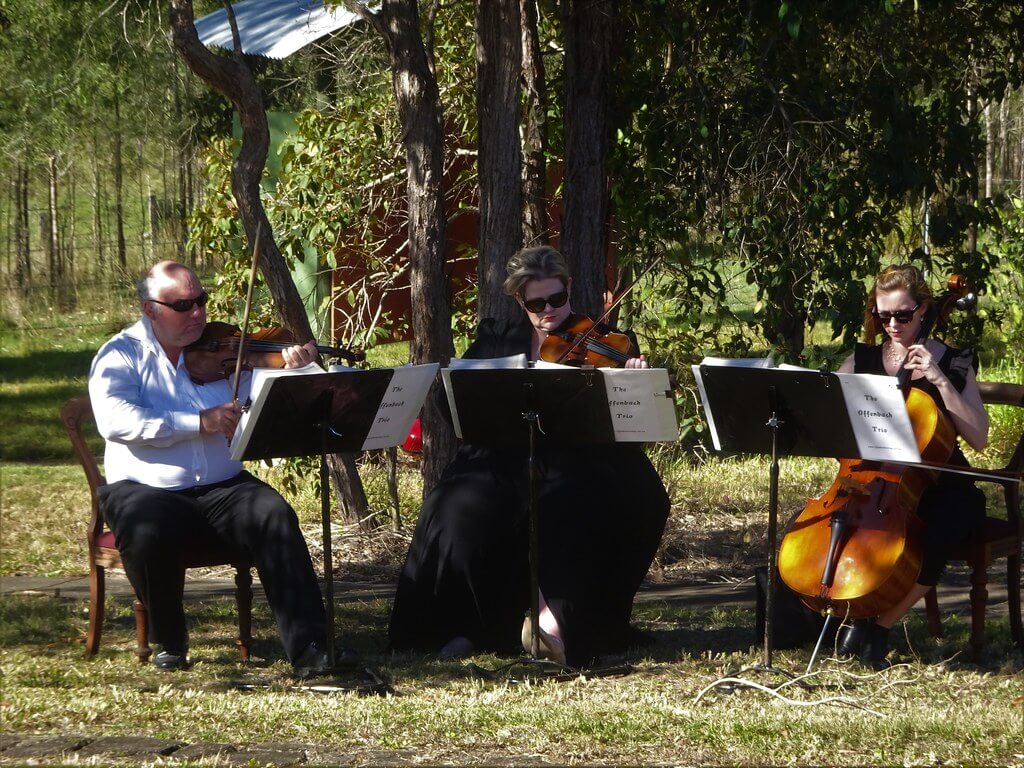 Man and two women playing instruments outdoors with music standMusical training makes better listeners, keeps brain young