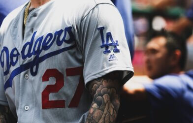 man wearing a Dodgers jersey
