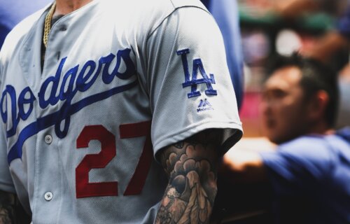 man wearing a Dodgers jersey