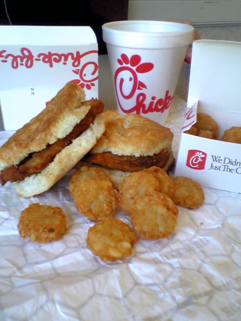 Chick-Fil-A Chicken Biscuit breakfast sandwiches and hash browns