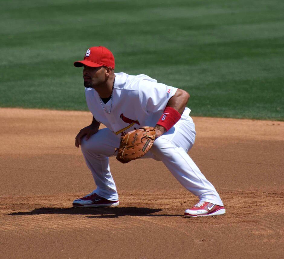 Albert Pujols in his defensive stance at first base