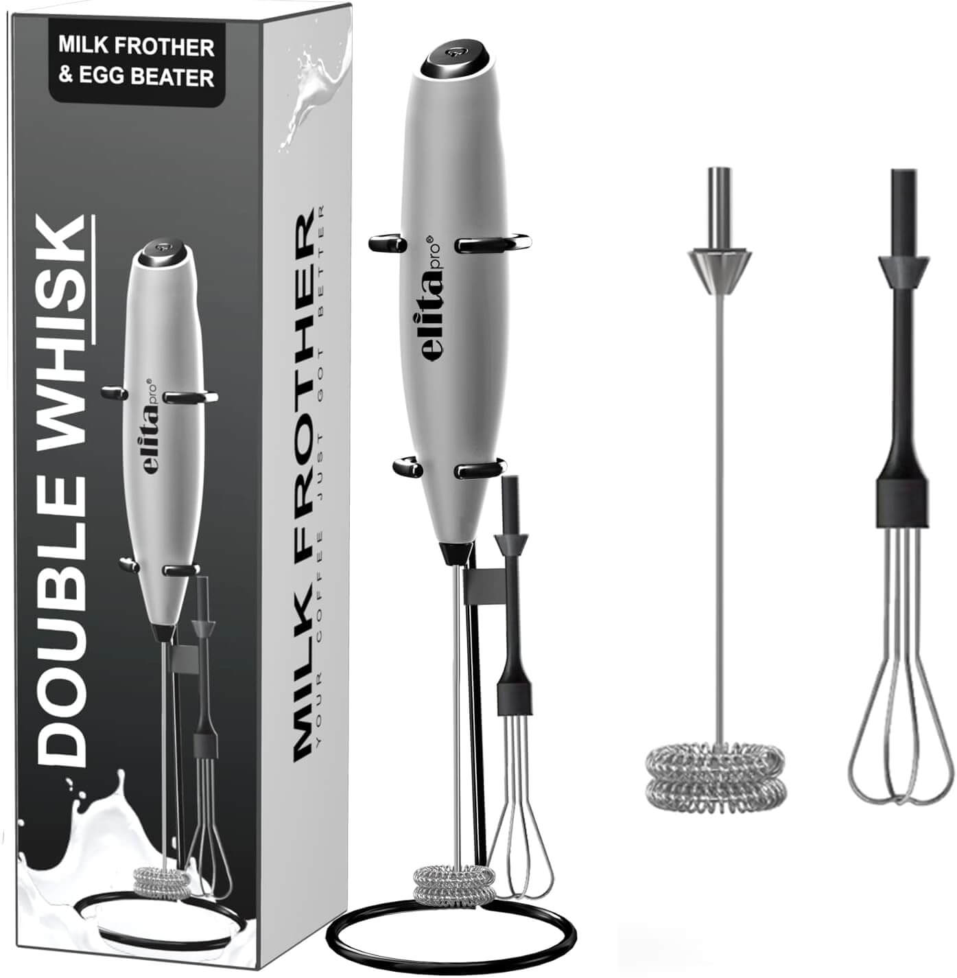 ElitaPro Double Whisk Ultra High Speed Milk Frother and Detachable Egg Beater