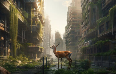 After the apocalypse, a large city is covered with green plants